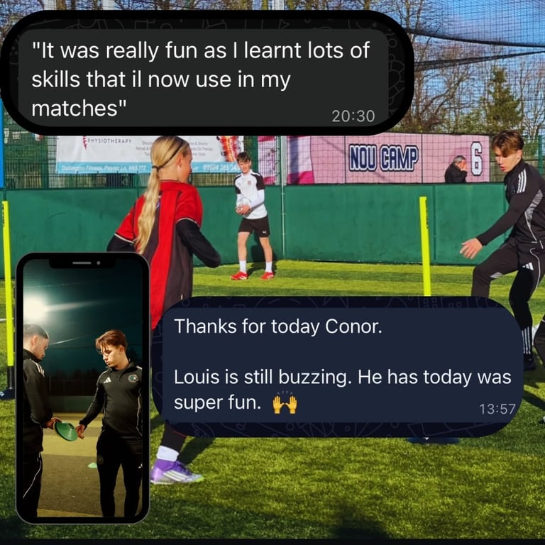 Composite image of youth soccer training with text messages praising coach Conor and player Louiss enthusiasm at a sports facility