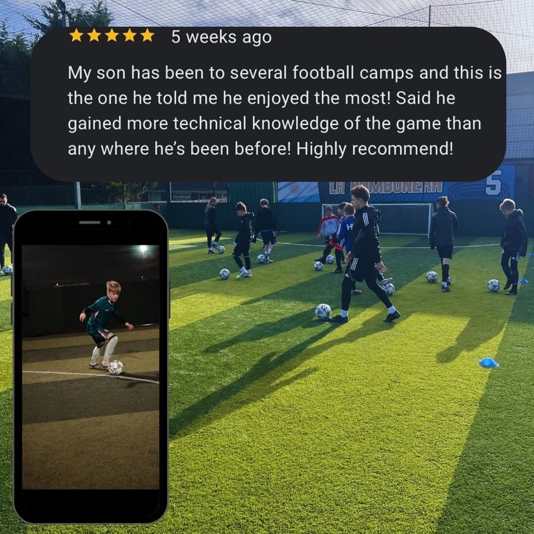 Five-star review showing youth soccer camp with young players training on field and phone displaying individual player practicing with ball