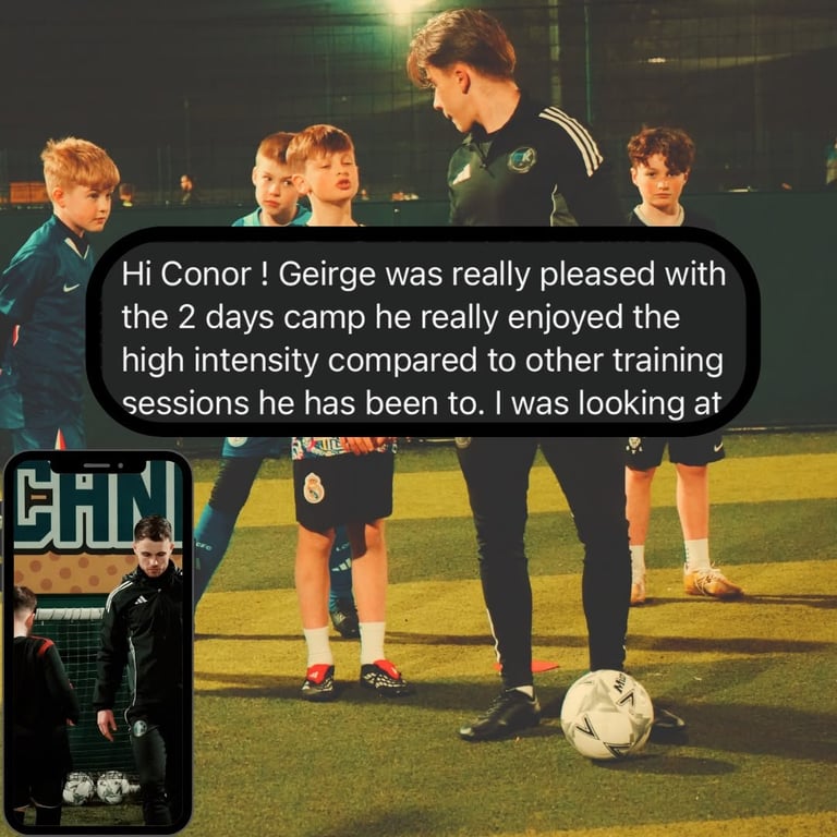 Soccer coach instructing young players on grass field during training camp, with testimonial text overlay about player Geirges positive experience